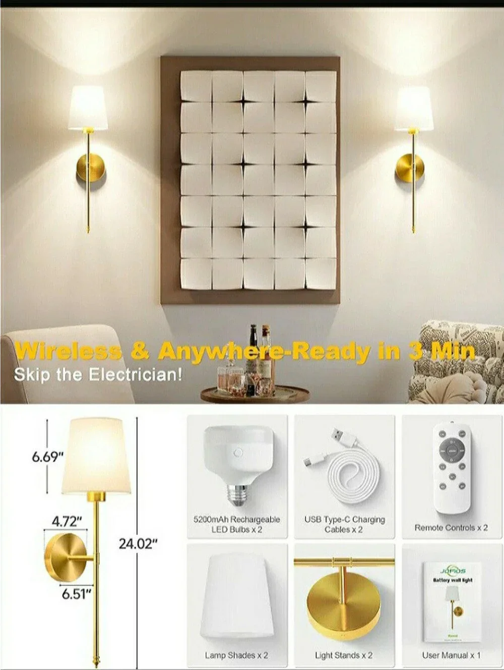 JOFIOS Wireless Color Changing Battery Operated Gold Tone Wall Sconce Set Of 2
